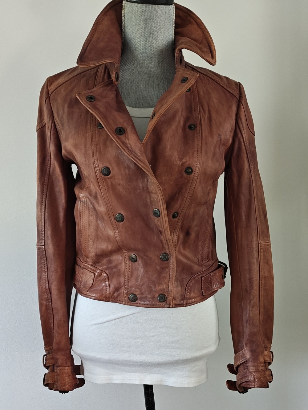 Free People Avis Distressed Leather Jacket Brown XS